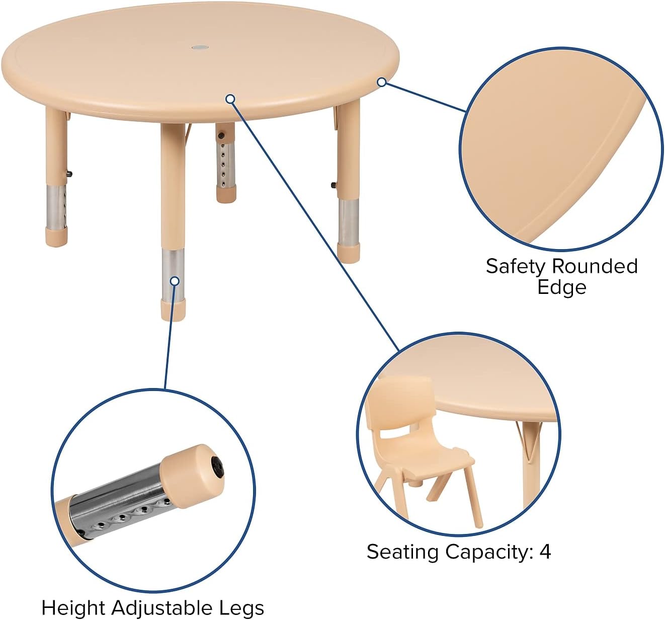 Flash Furniture Emmy 33" Round Natural Plastic Height Adjustable Activity Table Set with 4 Chairs