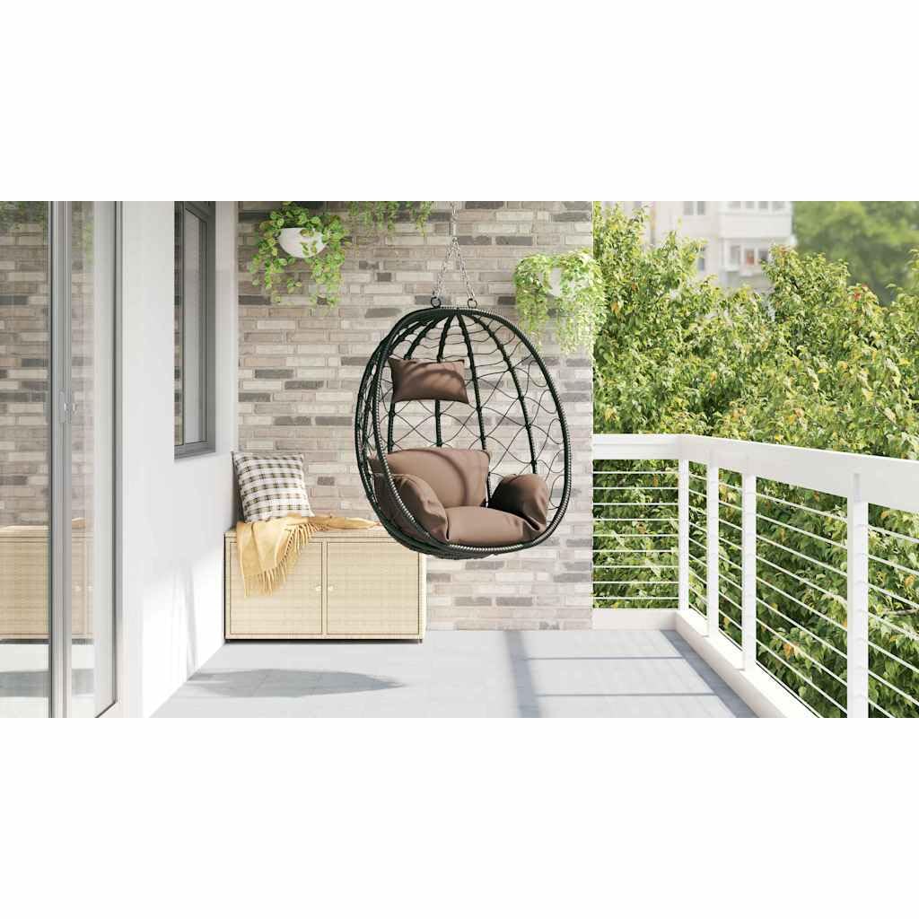 Hamaca colgante de ratán con forma de huevo, plegable, color café, 91,5 x 54,5 x 107 cm, con cojín y reposacabezas para salón, balcón, jardín, terraza