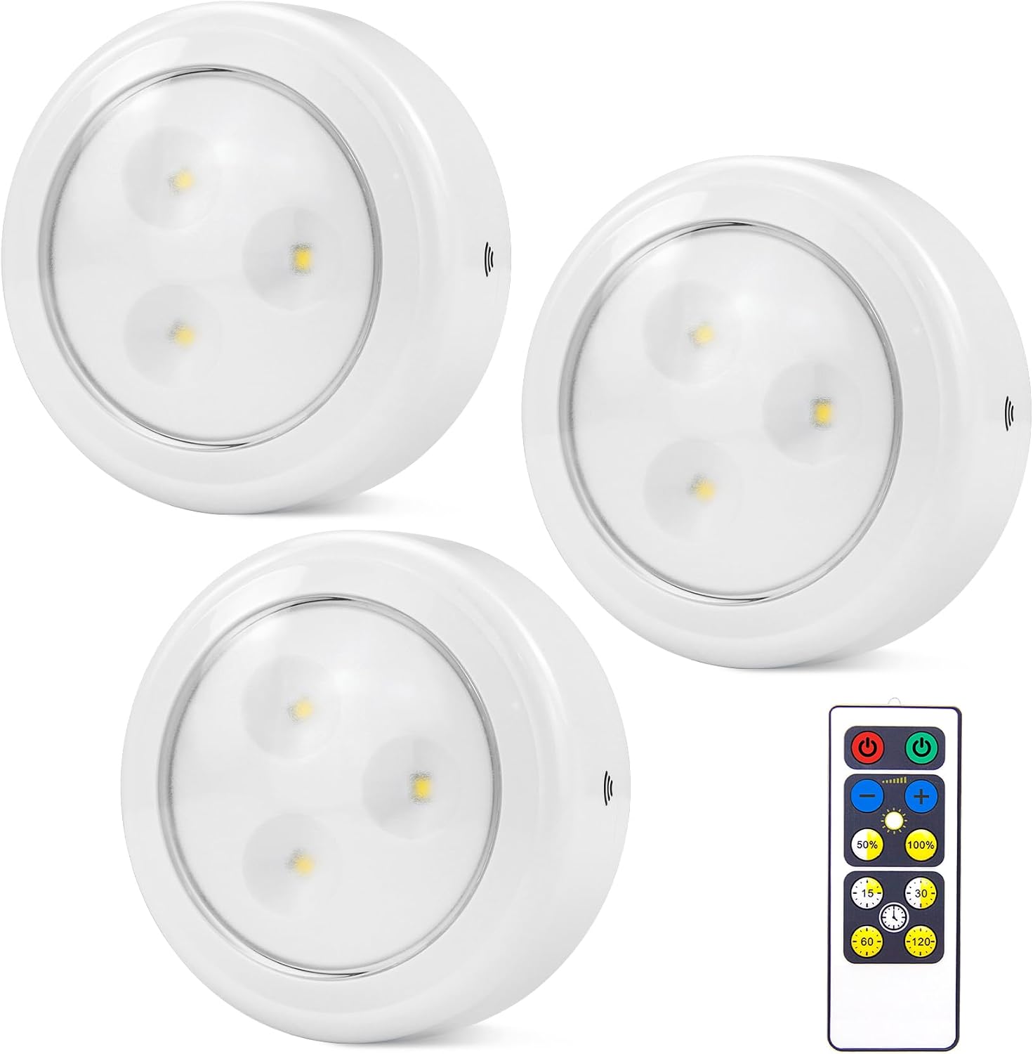 BIGMONAT 3PK Puck Lights with Remote, 70Lumen Battery Operated Under Cabinet Lights, 60 Hours Rum Tine Dimmable and Timmer Stick On Lights,Wireless Closet Light for Closet,Kitchen