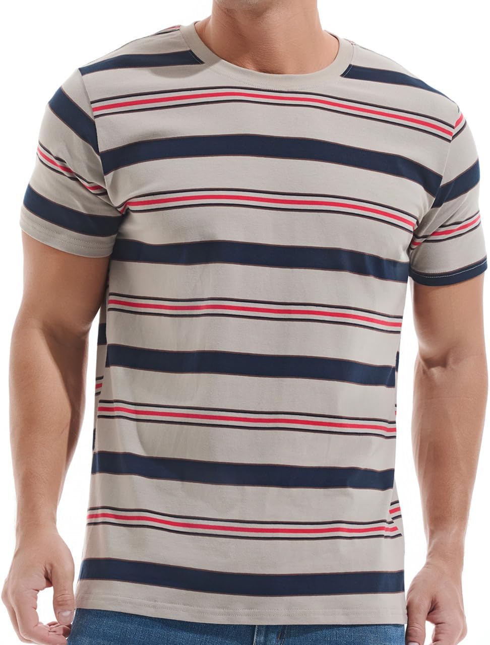 VEIISAR Men's Crewneck Striped T-Shirt Soft Elastic Cotton Tees