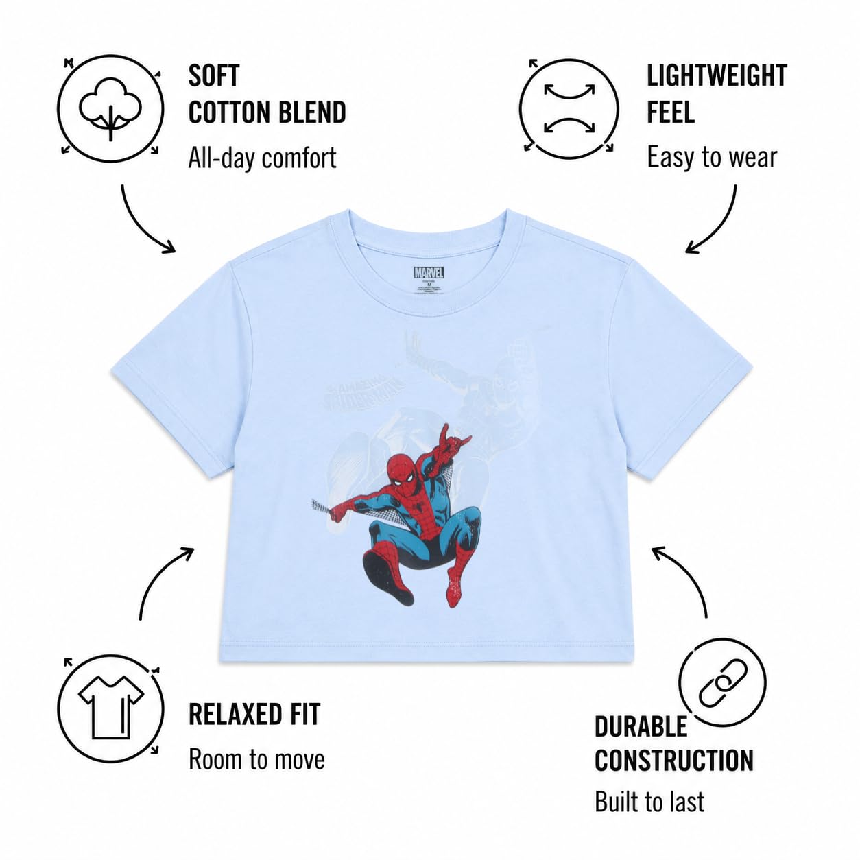 Marvel Spider-Man damskie koszulki z grafiką - przycięta koszulka niemowlęca, tank top i pełna długość okrągły dekolt koszulki z grafiką retro dla kobiet | Miękka mieszanka bawełny i poliestru, luźny krój na co dzień, oddychający komfort do noszenia na co