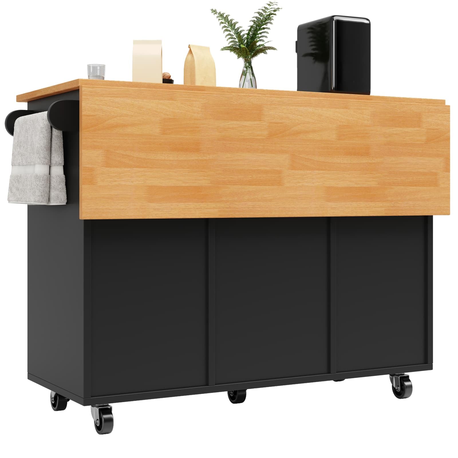 KOMHTOM ilot de Cuisine, ilot Central Cuisine, Chariot de Salle à Manger, Porte-Serviettes Latéral, Séparateurs Réglables, Plateau de Table Pliable, 2 Tiroirs, 4 Portes (Noir-7)