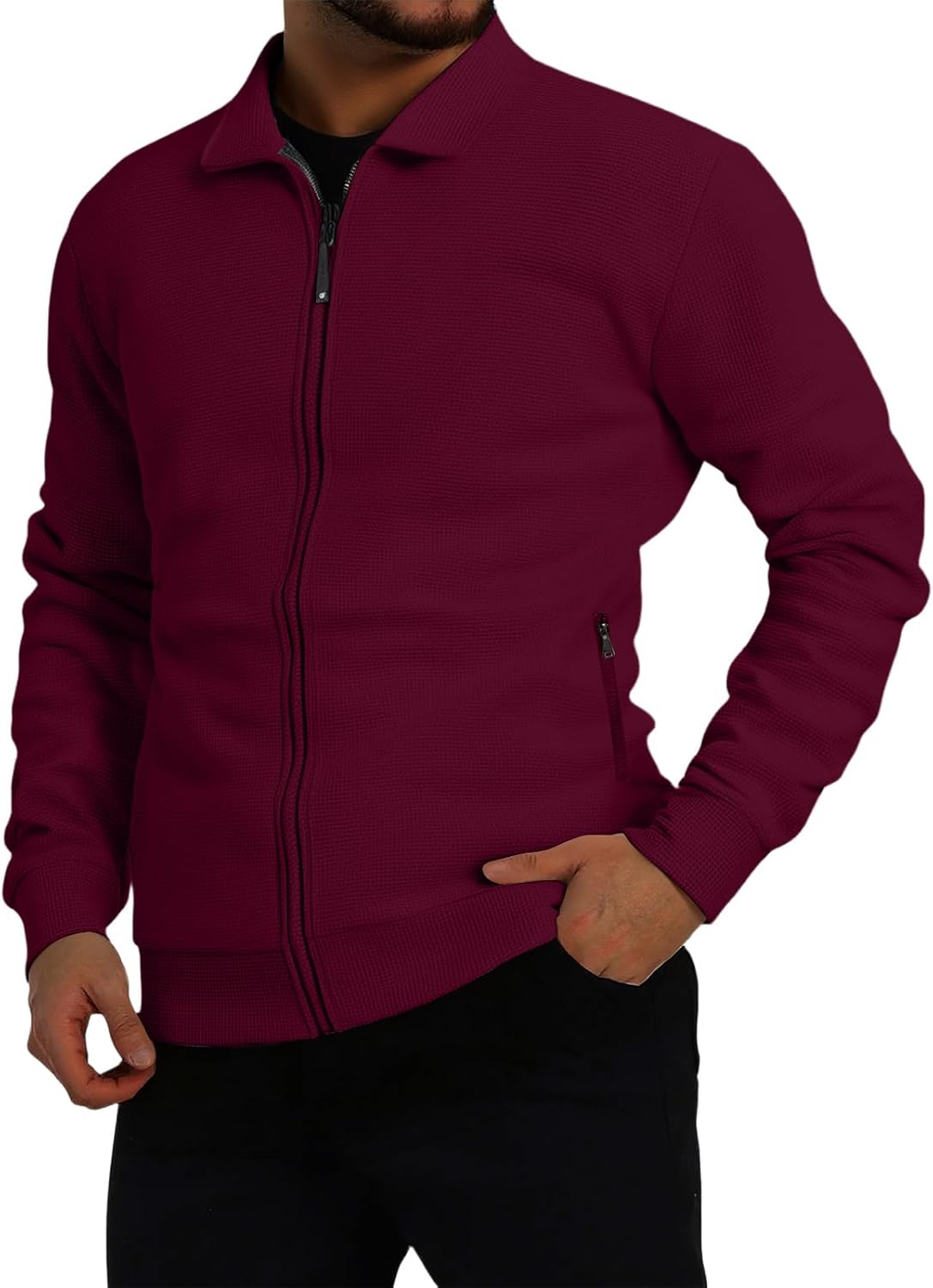 Mens Zip Up Sweatshirt Shirt Neck Quilted Jacket Casual Lightweight Sweater Bomber Jackets With Pocket, M-3XL