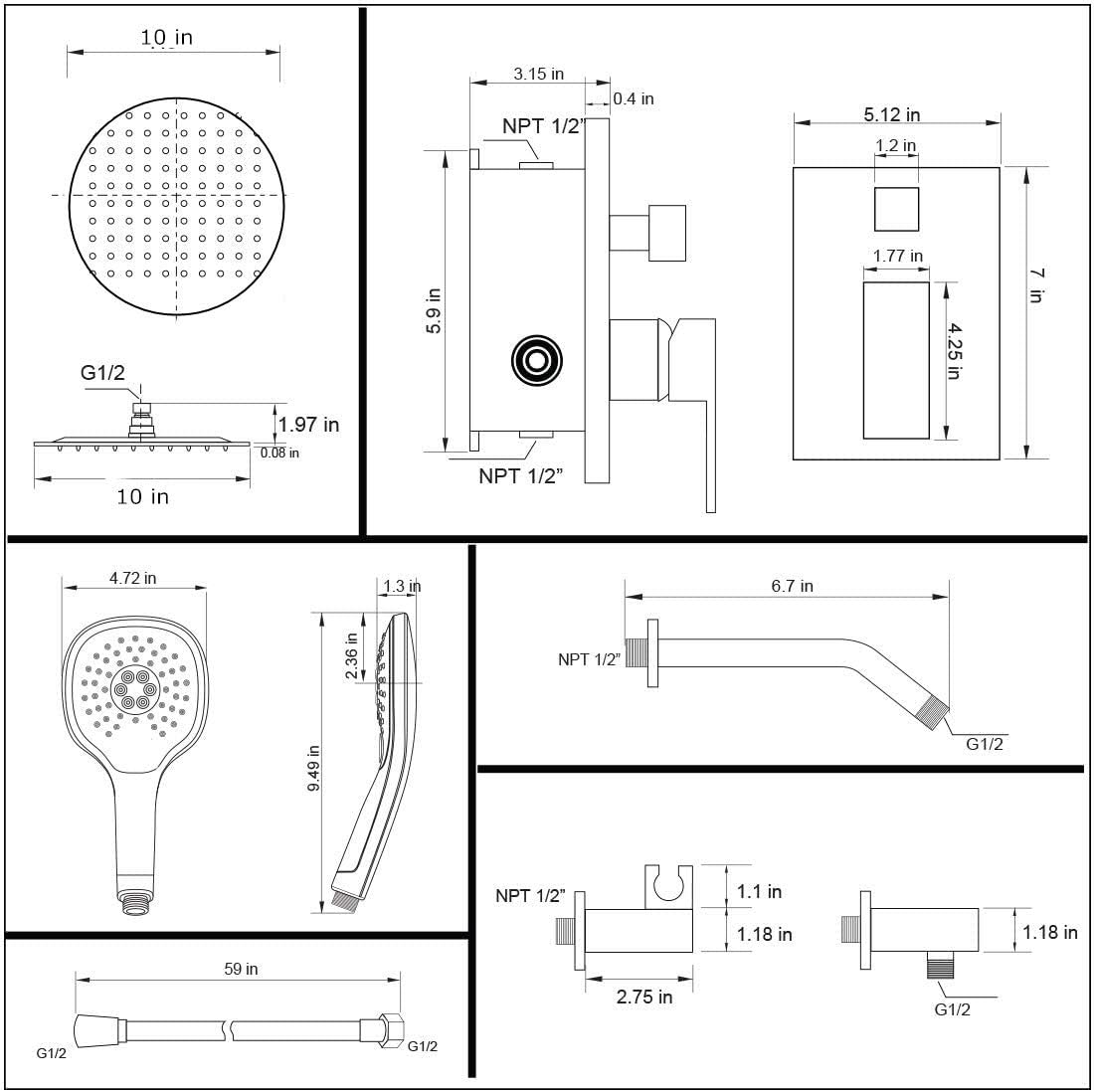 Top Rated Round Shower Valve and Trim Kit 10 INCH Wall Mounted Shower Head and Handle Set with Valve Body and Trim Kit, Dual Function Handheld Shower, 304 Stainless Steel and Copper, 6.7 Inch Extension Tube