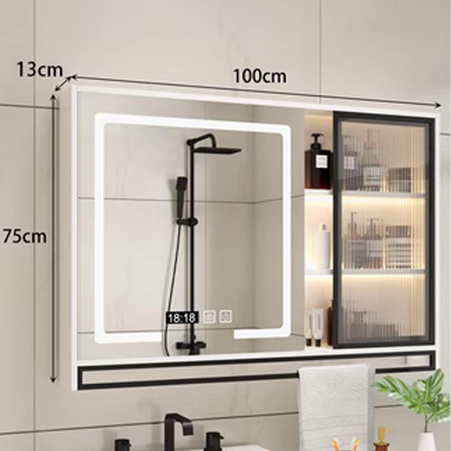 Espejo LED de pared con control táctil, antivaho, 3 colores ajustables, 2 puertas y estantes, 70 x 13 x 75 cm, elegante almacenamiento de baño, acabado blanco/negro