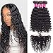 Brazilian Weave Hair (18" 20" 22") Deep Wave Bundles with Frontal Lace 16 Inch Free Part 13x4 Ear To Ear 100% Unprocessed Virgin Brazilian Human Hair Extensions (Natural Black-350g-130% Density)