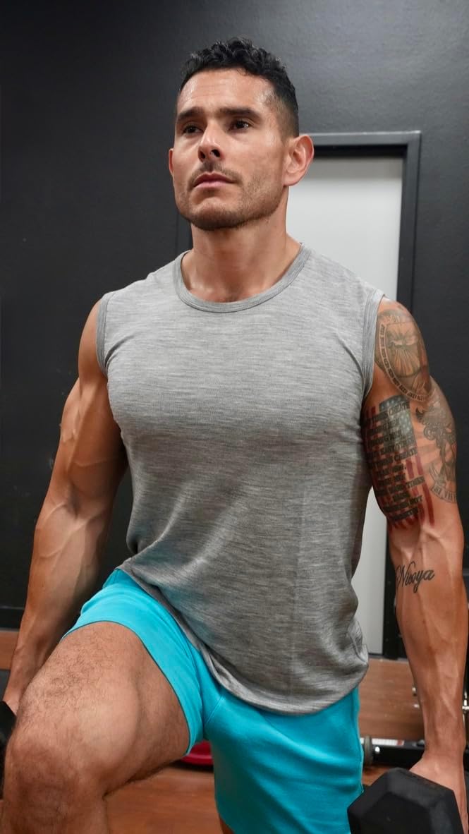 Men’s Merino Wool Gym Tank Top, 100% Superfine Workout Athletic Shirt, Breathable Odor Resistant, Grey - Image 8