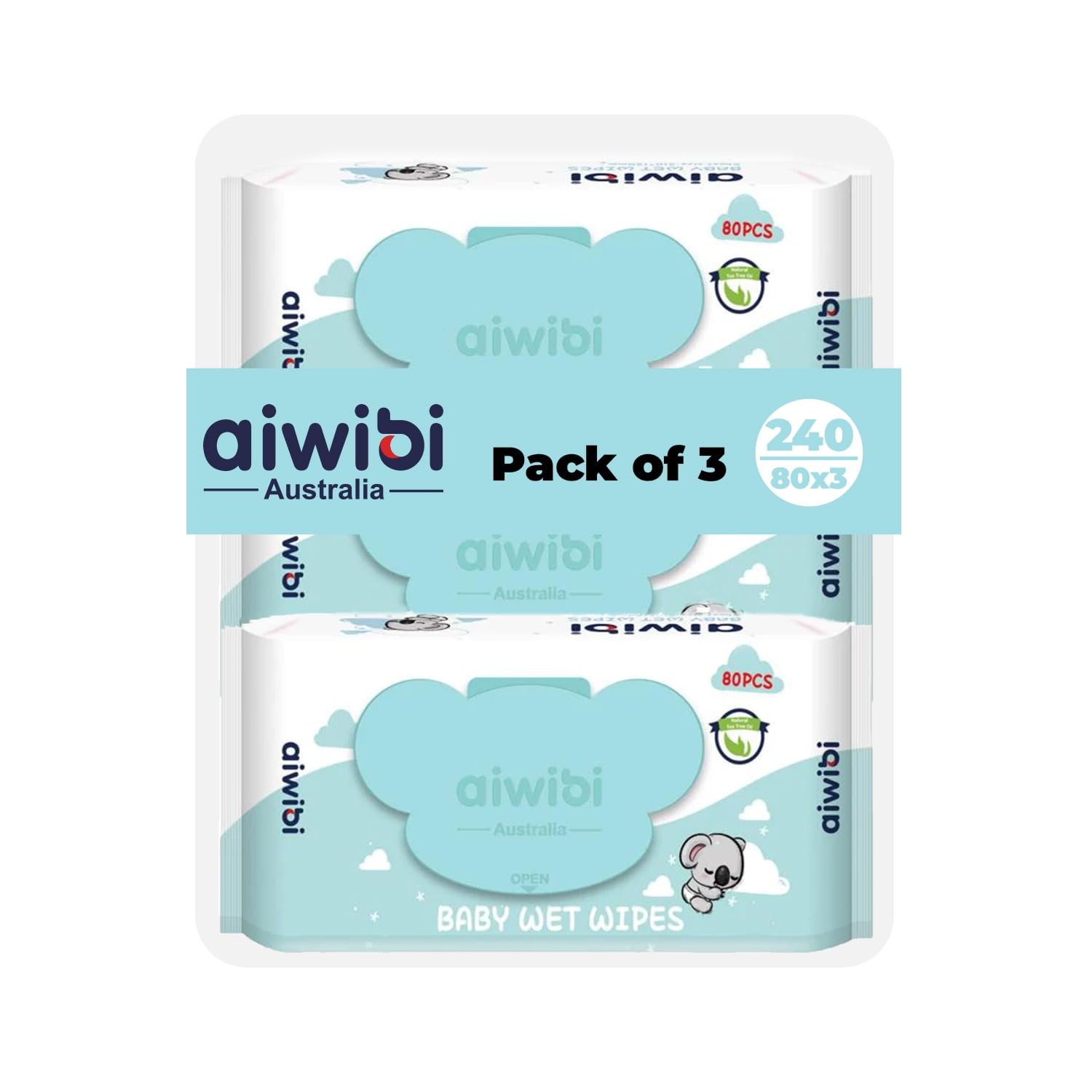 Aiwibi 100% Skin-friendly Baby Wet Wipes 80 Sheets- Pack of 3 (240 Pcs) Baby Wipes Ultra-Soft Wet Wipes - Paraben & Alcohol Free for Newborns Sensitive Skin Diapers Wipes (Pack of 3, Natural Tea Tree)