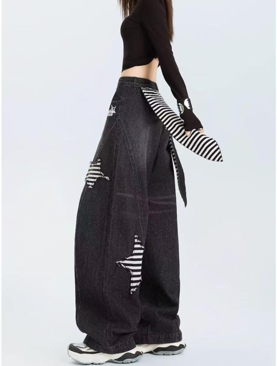 American Men's Women's Retro Star Patch Wide Leg Jeans, Personalized Design Loose Y2K Hip-hop Couple Casual Pants