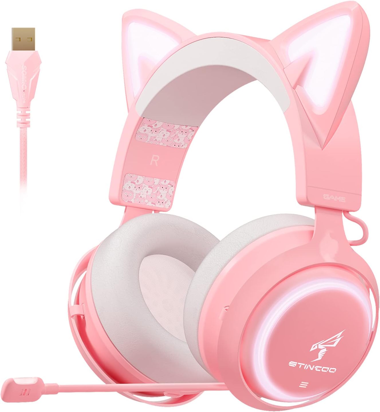 EASARS Cat Ear Headset, Pink Gaming Headset with Retractable Mic, 7.1 Surround Sound, RGB Lighting, Wired Headset for PC, PS4, PS5