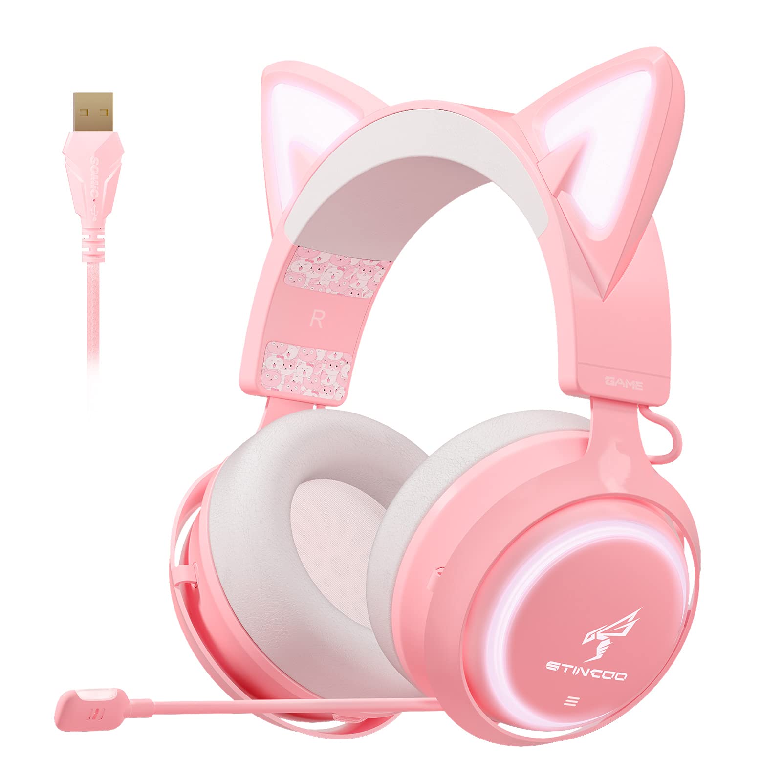EASARS Cat Ear Headset, Pink Gaming Headset with Retractable Mic, 7.1 Surround Sound, RGB Lighting, Wired Headset for PC, PS4, PS5