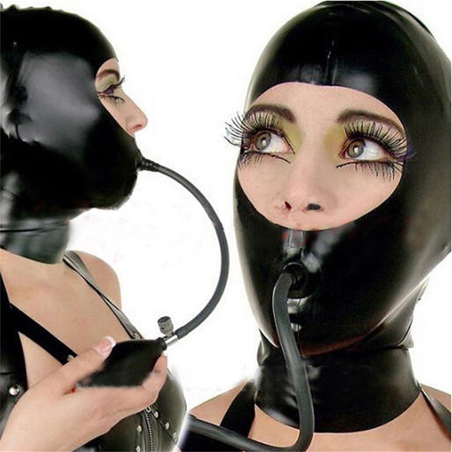 Sexy Latex Tête Couverture Le Noir Latex TêteMasque Cagoule en Latex, Yeux exposés pour Le Jeu de rôle Party Club Wear, Fermeture éclair Ouverte