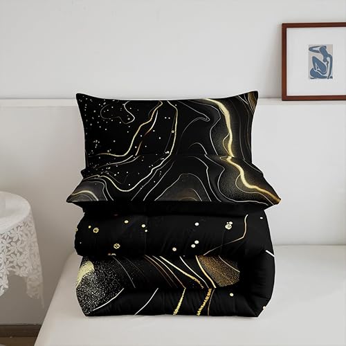 Miniatura 5 de Erosebridal Juego de edredón de mármol negro y dorado, tamaño Queen, juego de ropa de cama de mármol con purpurina, líneas doradas y blancas,