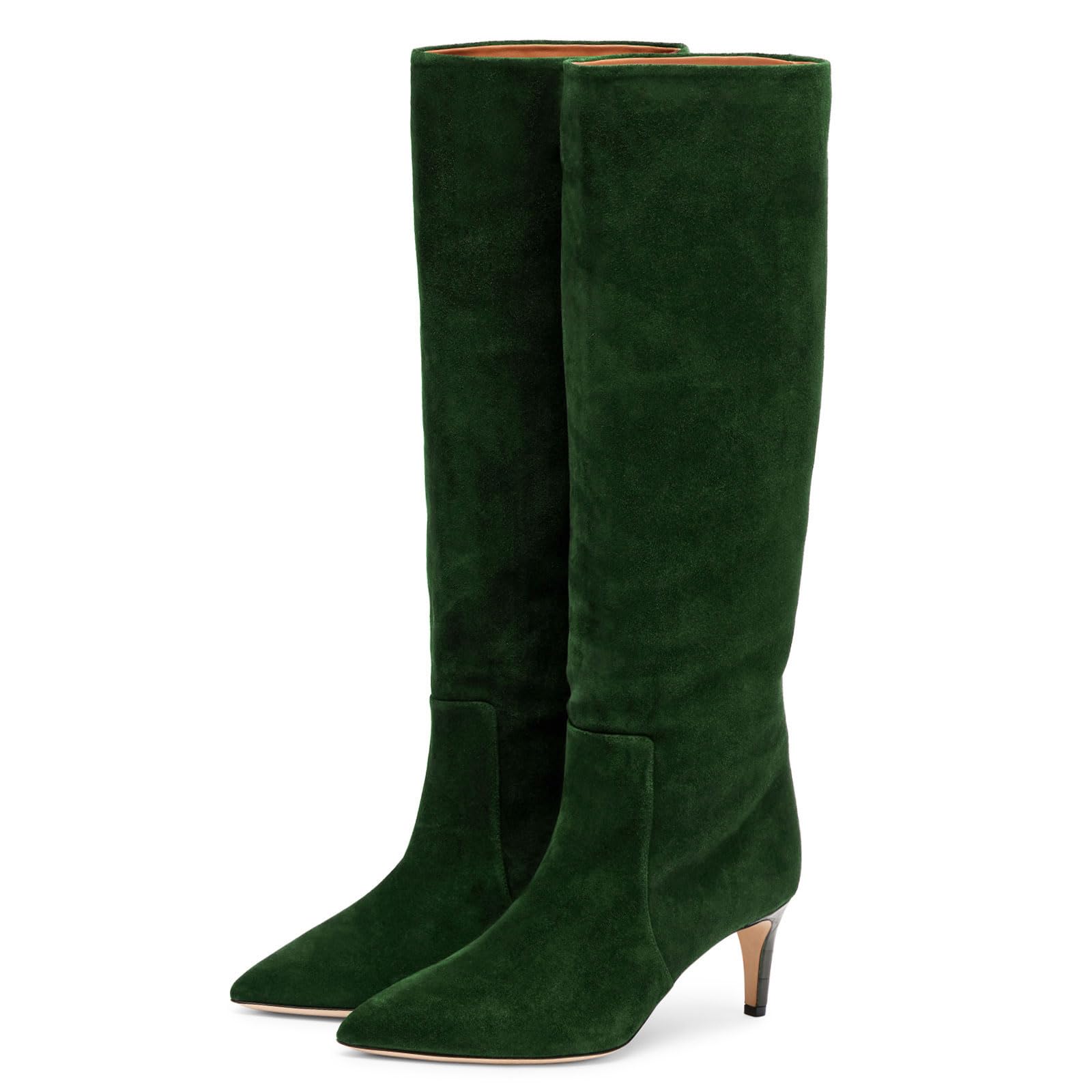 Womens Fashion Kitten Heel Knee High Boots Pointed Closed Toe Pull On High Heel Tall Boots Fall Winter