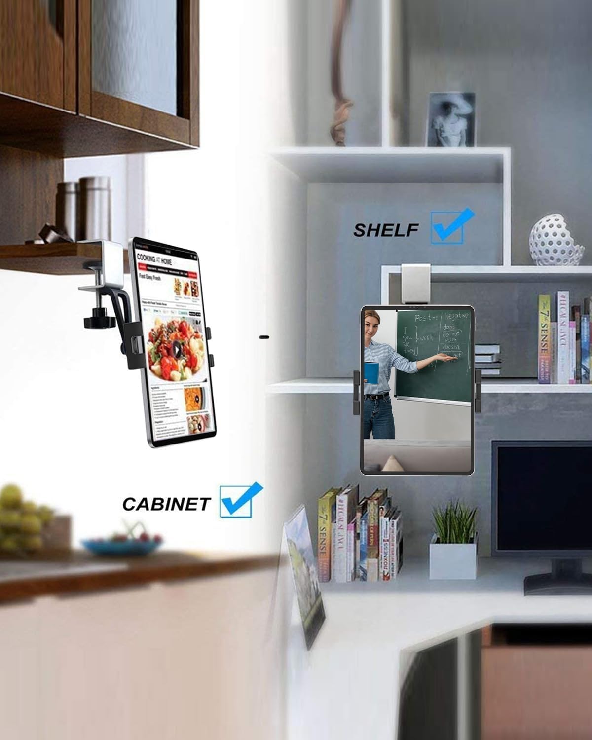 Kitchen Cabinet Tablet Mount Holder for 4.7"-13" Phone & iPad - Under Counter Tablet Holder Stand with Metal Clamp for Desk Shelf, Compatible iPad Pro/Air/Mini, Galaxy Tabs, iPhone, Tablets