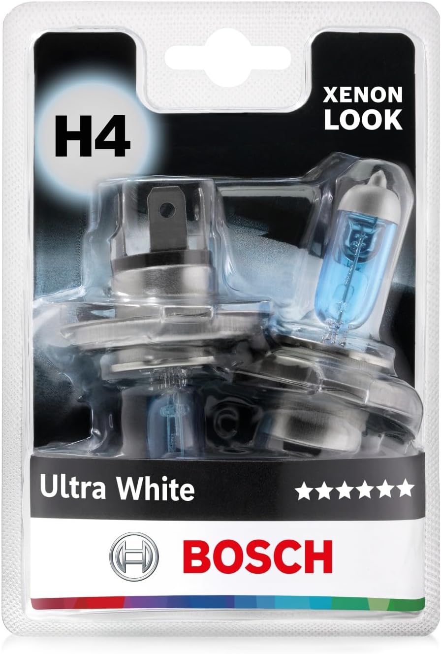 Bosch H4 (472) Ultra White Halogen Headlight Bulbs, 12 V 60/55 W, Modern White LED Look - Socket Type P43t - Pack of 2 Replacement Car Light Bulbs