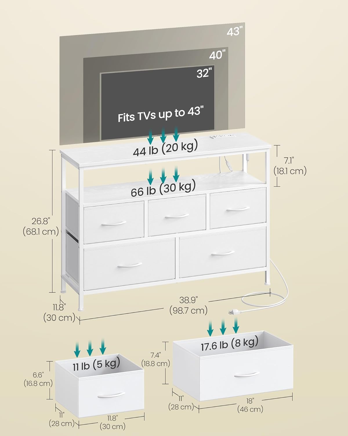 SONGMICS BELLAH Collection - Dresser for Bedroom with App-Controlled LED Lights and Charging Station, Chest of Drawers, TV Stand, 5 Drawers, Shelf, Modern, Cloud White ULGS723WH05S