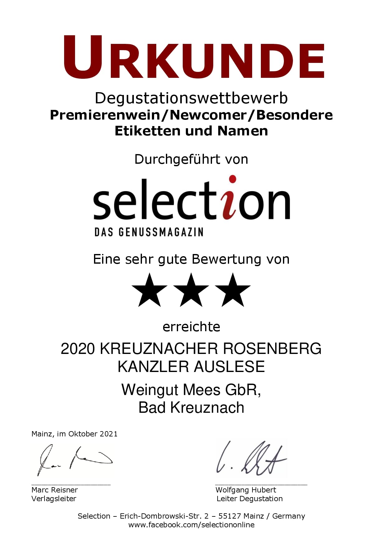 WEINGUT MEES | Kanzler Auslese Weisswein edelsüss 2022, Kreuznacher Rosenberg - Nahe | Prämierter Süß-Wein aus Deutschland im Set | Wein mit Prädikat im Paket (6 x 750 ml) 100% Kanzlerrebe