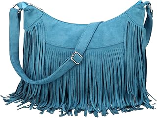 Vintage Tassel Crossbody Bag Premium Vegan Suede Saddle Purse Fringe Shoulder Bag for Women Girls (Turquoise)