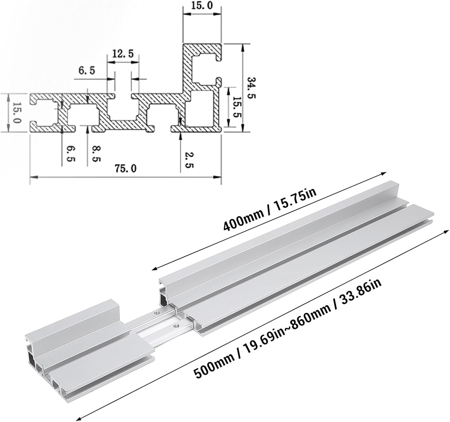 50-86cm Miter Extension Fence Adjutsable Miter Telescoping for Table Saw Band Saws