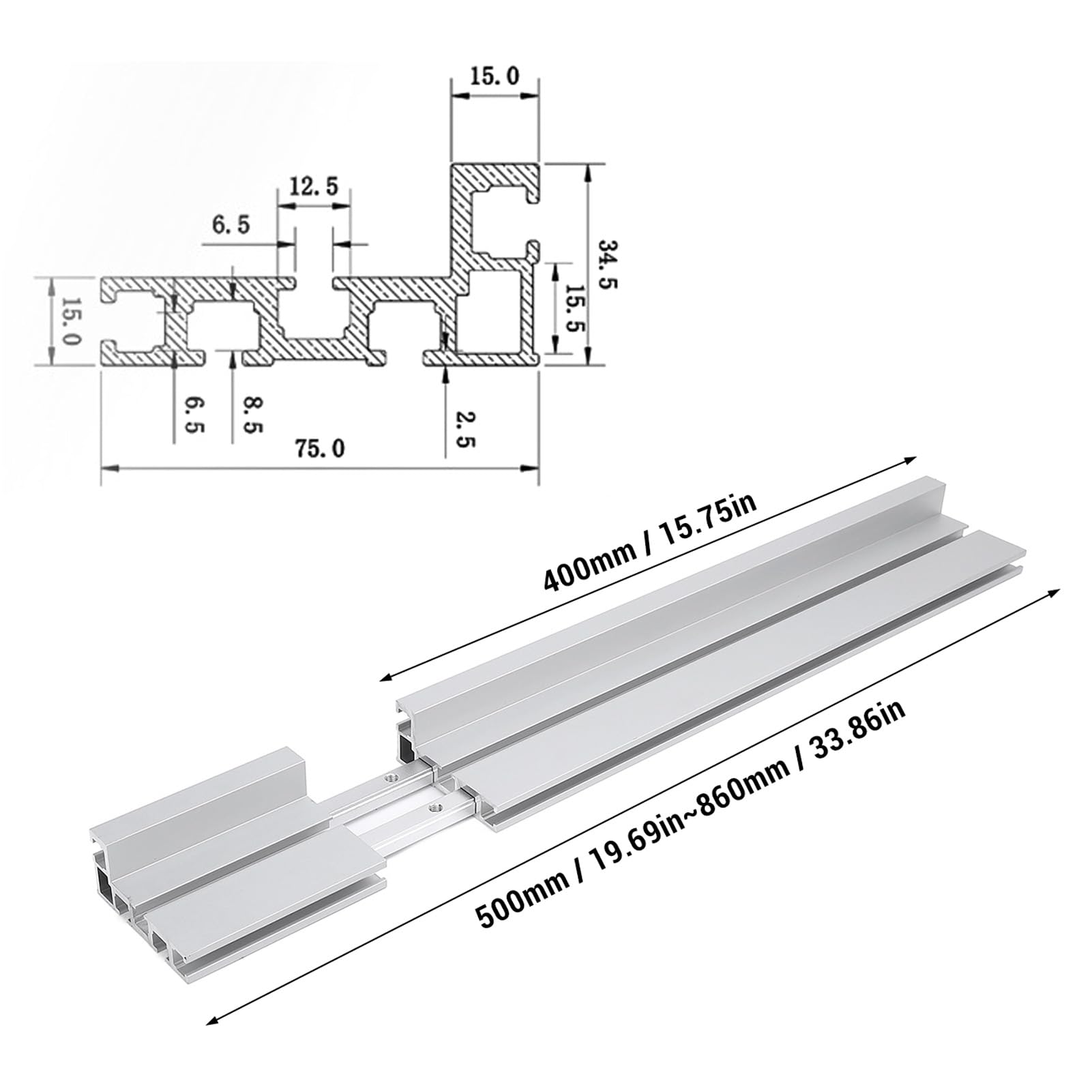Cocoarm Ogrodzenie Ukośne, Teleskopowe Ogrodzenie Ukośne ze Stopu Aluminium 50-86 Cm do Projektów Obróbki Drewna i pił Stołowych