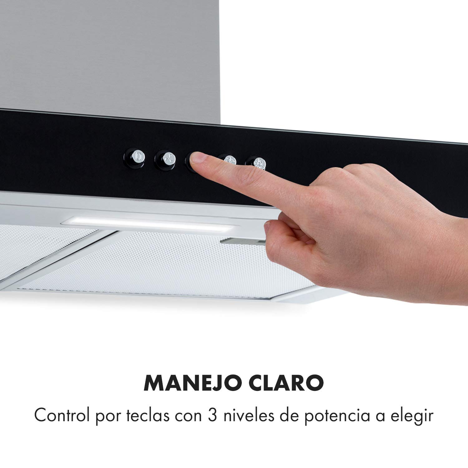 Klarstein Darya Campana de pared, Clase energética A, 60 cm, 310 m³/h extracción, 2 filtros de grasa aluminio, 67 dB, Acero inoxidable, Frontal vidrio acrílico negro, Modo recirculación, plata