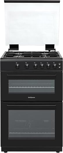 Statesman GDL60B Double Oven Gas Cooker with Glass Lid & Closed Door Grilling, 4 Gas Burners, 60cm Wide, Black