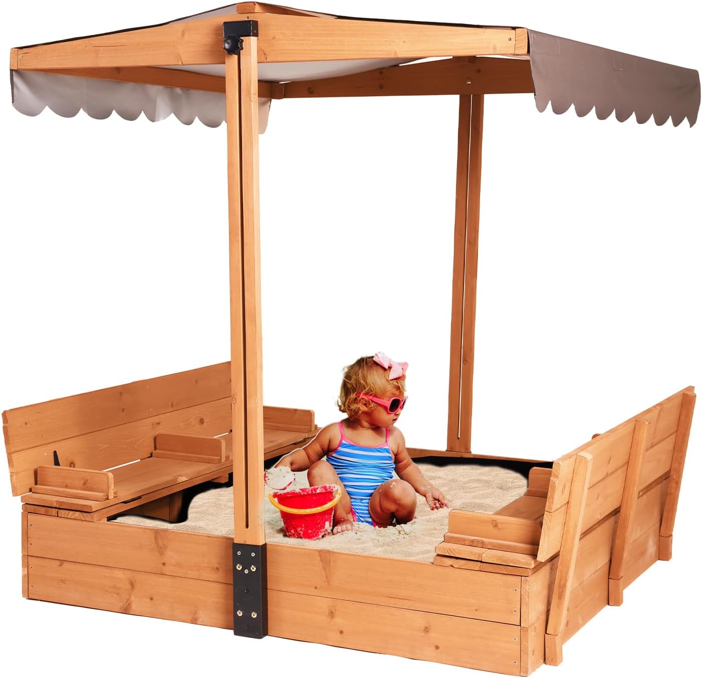 Kids Sandbox with Lid Sand Box with Cover,Foldable Bench Seats, Adjustable Height Roof,Bottom Liner