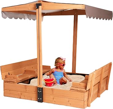 Kids Sandbox with Lid Sand Box with Cover,Foldable Bench Seats, Adjustable Height Roof,Bottom Liner