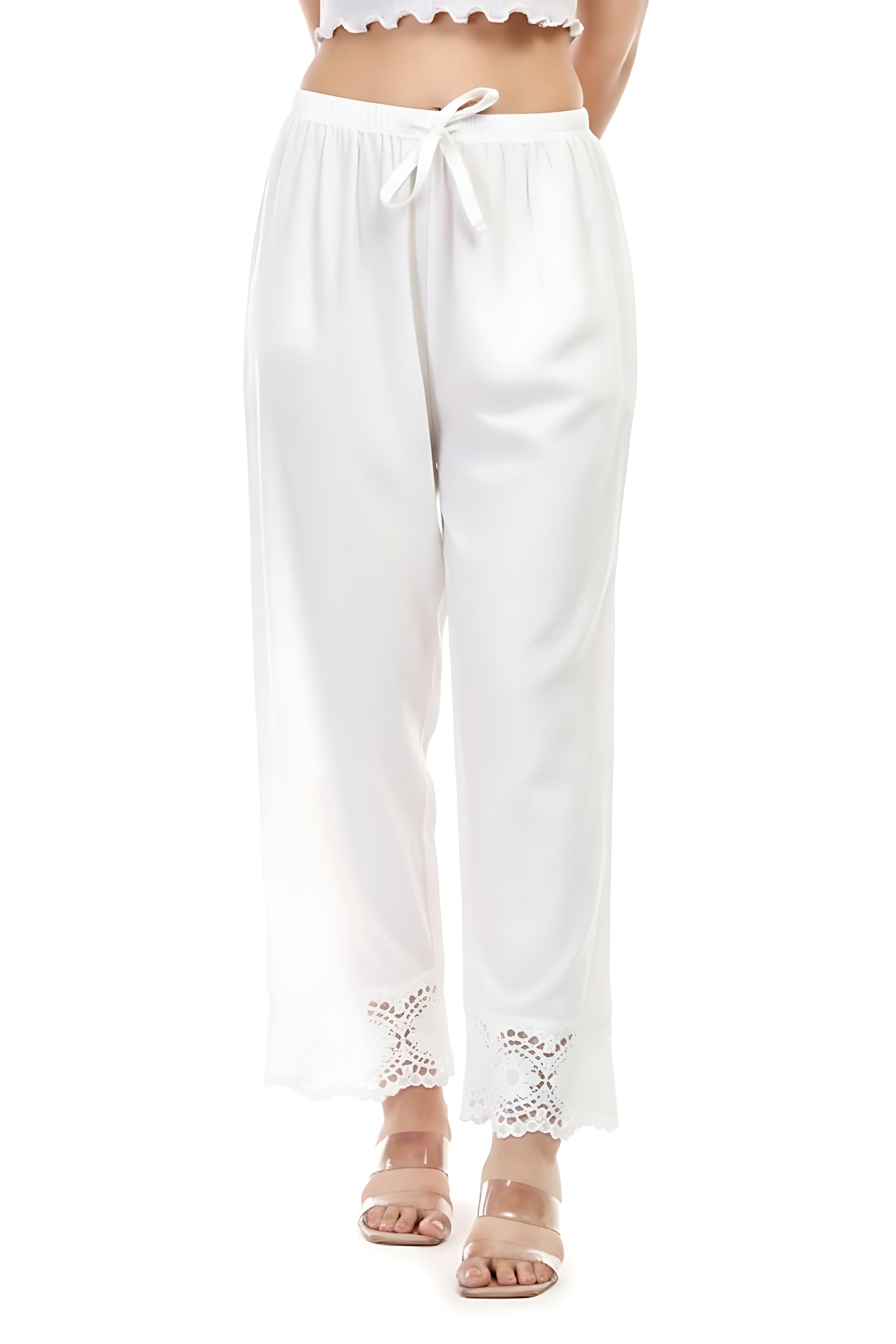 belenziera White Sunflower Lace Palazzo for Women | Rayon Ethnic XS-7XL | Temple Wear Summer Bottoms | Traditional Religious Pants-picture-52