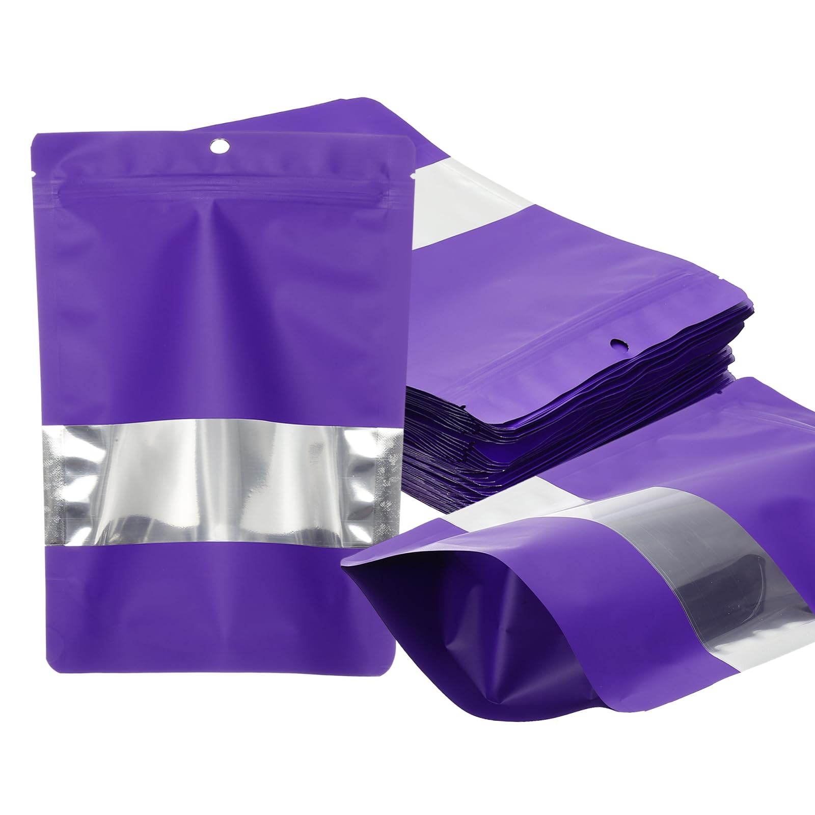PATIKIL 5.51x7.87 in Stand Up Pouch Bags, 60 Pack Resealable Matte Metallic Aluminum Foil Bags Pouches with Clear Window and Zip for Food Storage Snack Packaging, Purple