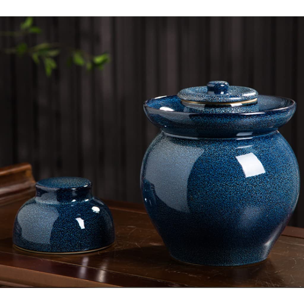Blaues Retro-Einmachglas aus Keramik mit Deckel, großes traditionelles chinesiscchinesisches Fermentationsset, Topf mit wasserdichtem Luftschleusendeckel, Fermentationsglas für Kimchi, 10 kg