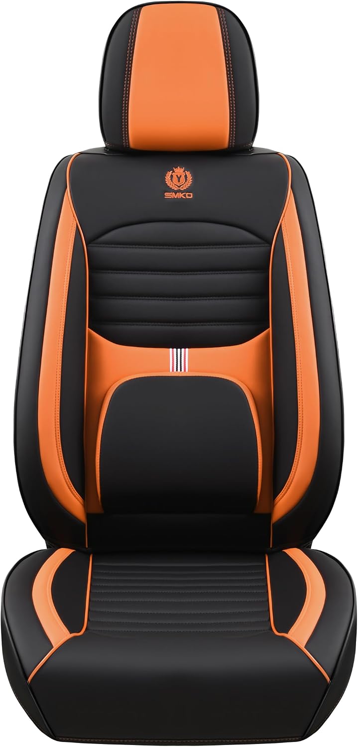 BGYFDU03 Seat Cover 5-Seater Full Set, Universal Type, Suitable for Most Cars Pickup Ttrucks Airbags Compatible with Synthetic Leather Car Seat Cushion Protectors (Black-Orange)