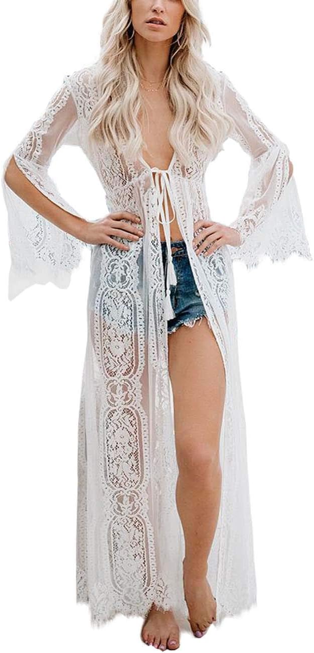 Women Beach Cover-up Lace Hollow Out Cardigan Blouse Long Bikini Kimono Wraps Flare Sleeve White 19069