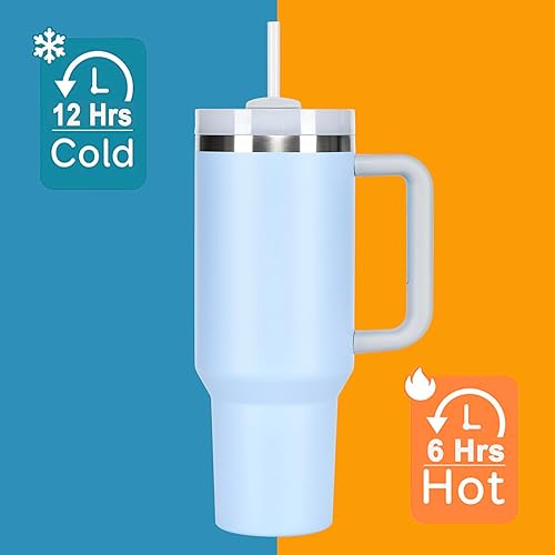 Miniatura 5 de Vaso de 40 onzas con asa, popote, tapa, botella de agua de acero inoxidable aislada al vacío, taza de viaje de aventura para café helado, té