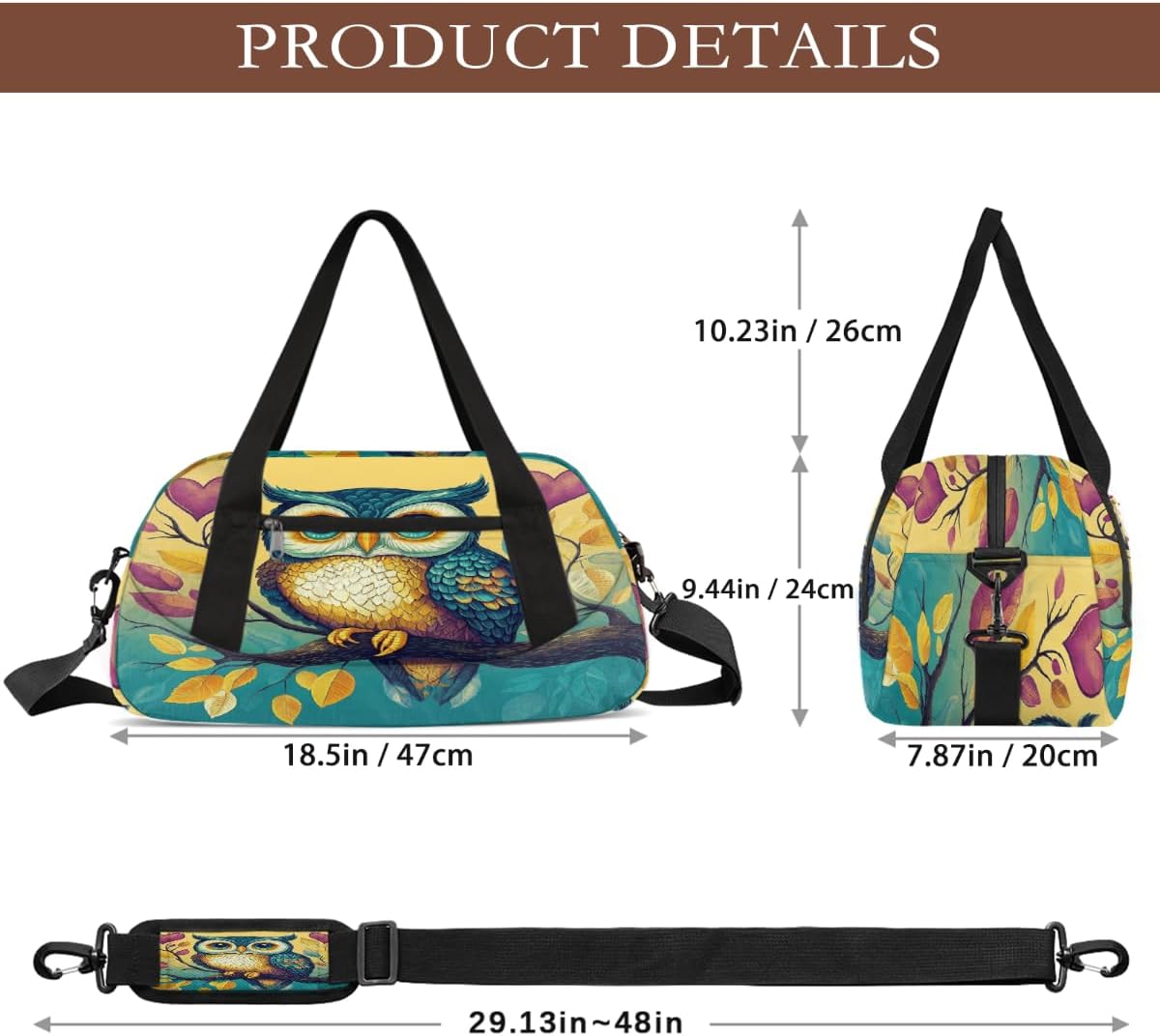 Kids Travel Duffle Bag Weekender Overnight Bag Gym Tote for Boy Girls Carry On Workout Duffel Bag(Cute Owl Branch Love)