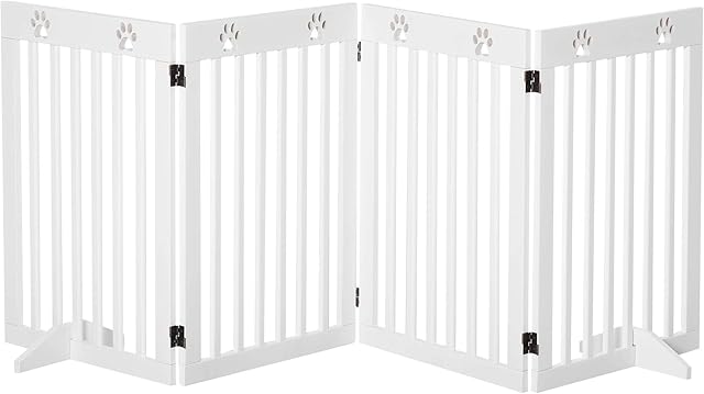 PawHut Freestanding Pet Gate 4 Panel Dog Barrier Folding Safety Fence with Support Feet up to 204cm Long 75cm Tall for Doorway Stairs White