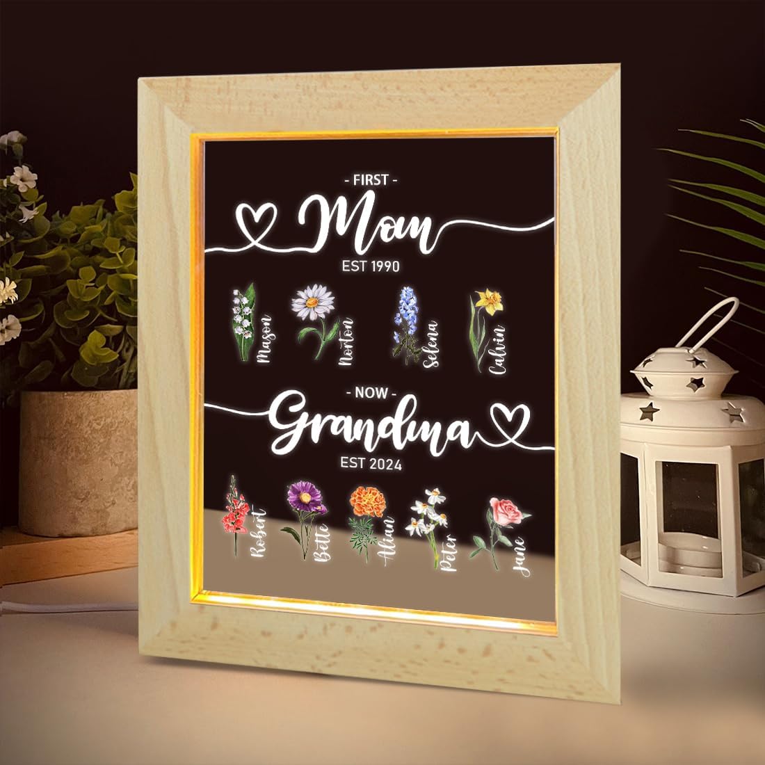 Personalized Frist Mom Then Grandma New Great Grandma Night Light Custom 1-10 Names Birth Month Flower Grandma's Garden Sign Family Acrylic Lamp Gift for Grandma Mothers Day (Style 21)