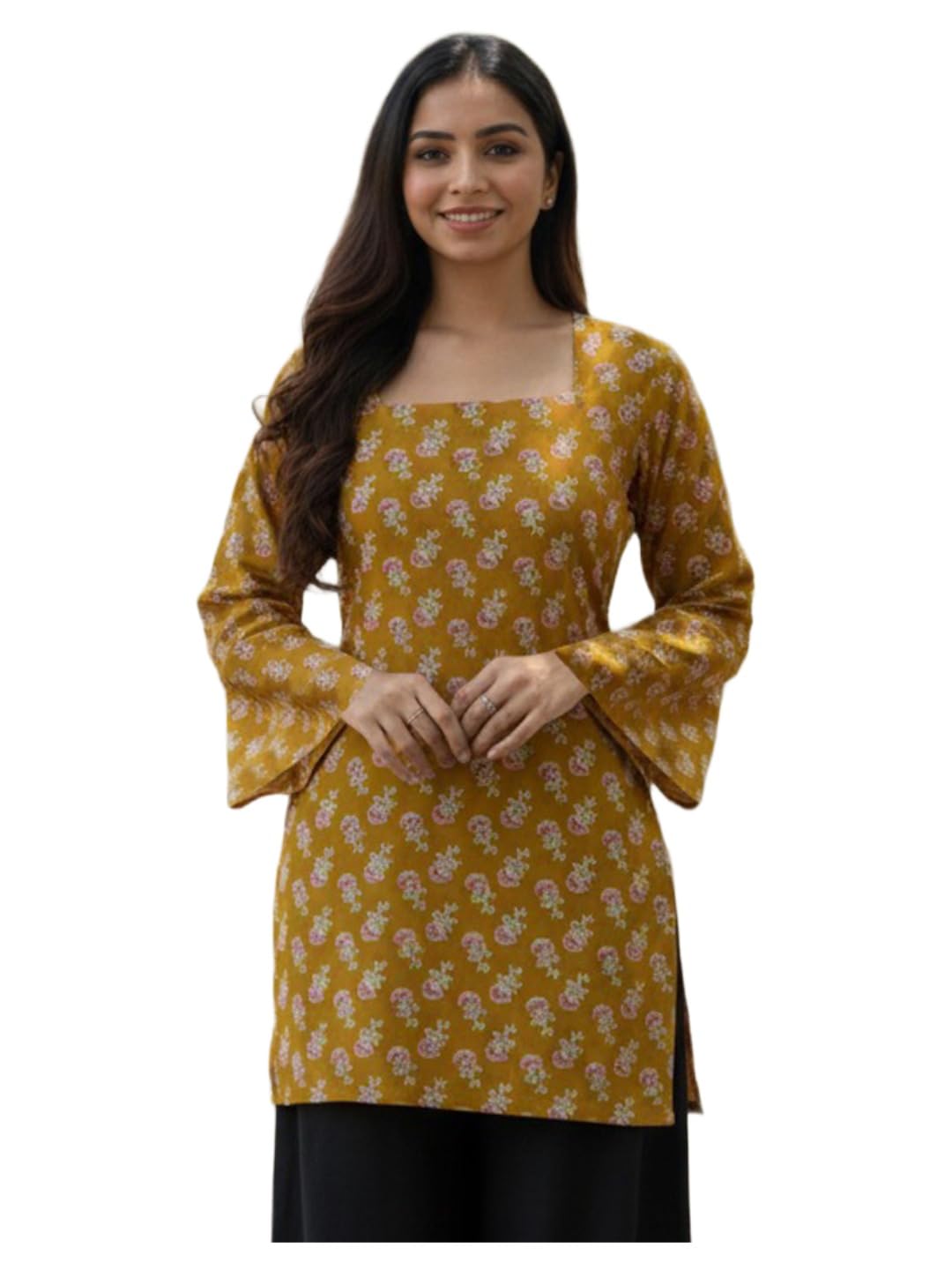 GoSriKi Womenâ€™s Viscose Blend Printed Short Kurti | Straight Fit Casual Ethnic Top | Square Neck Full Sleeve Kurta Office College in multi
