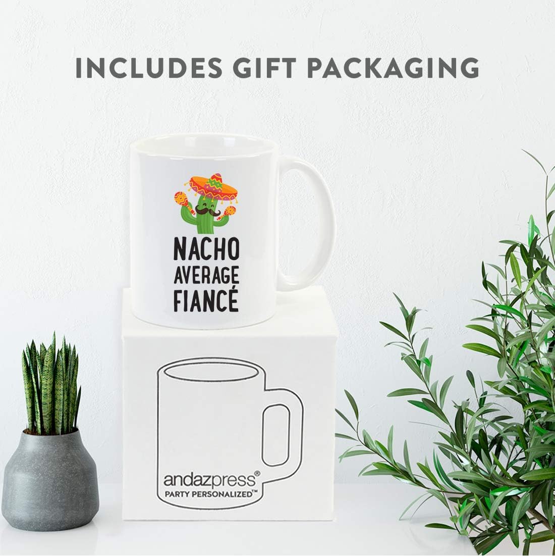 Andaz Press Funny Cactus Themed 11oz. Valentines Mug Couples Coffee Mug Gift, Nacho Average Fiancé Fianceé, 2-Pack, Mexican Fiesta Themed Novelty Anniversary Christmas Cup Gifts Ideas