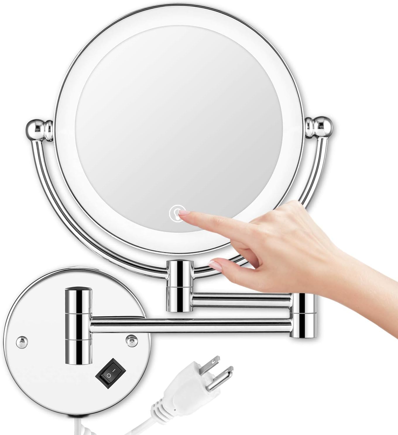 Wall Mounted Lighted Makeup Mirror, 8 Inch Double-Sided 1X 5X Magnifying Mirror for Bathroom, 11'' Extendable Arm, 360° Swivel, Touch DimmableLED Lights, Powered by Plug in, Chrome