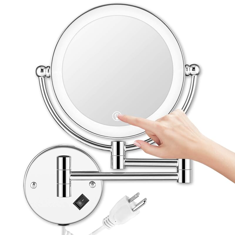 Espelho de maquiagem com iluminação LED AMZNEVO, dupla face 1X e 5X, 8 polegadas, braço extensível de 11 polegadas, rotação de 360°, controle de toque, plugue AC, acabamento cromado