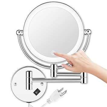 Wall Mounted Lighted Makeup Mirror, 8 Inch Double-Sided 1X 5X Magnifying Mirror for Bathroom, 11 Extendable Arm, 360 Swivel, Touch DimmableLED Lights, Powered by Plug in, Chrome