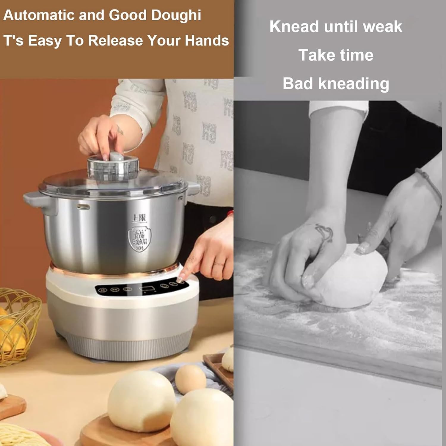 Machine à pâte avec fonction de fermentation,mélangeur de farine de pâte en acier inoxydable antiadhésif 5L/7L avec tasses et cuillères à mesurer,machine à pétrir la pâte, minuterie et panneau tactile