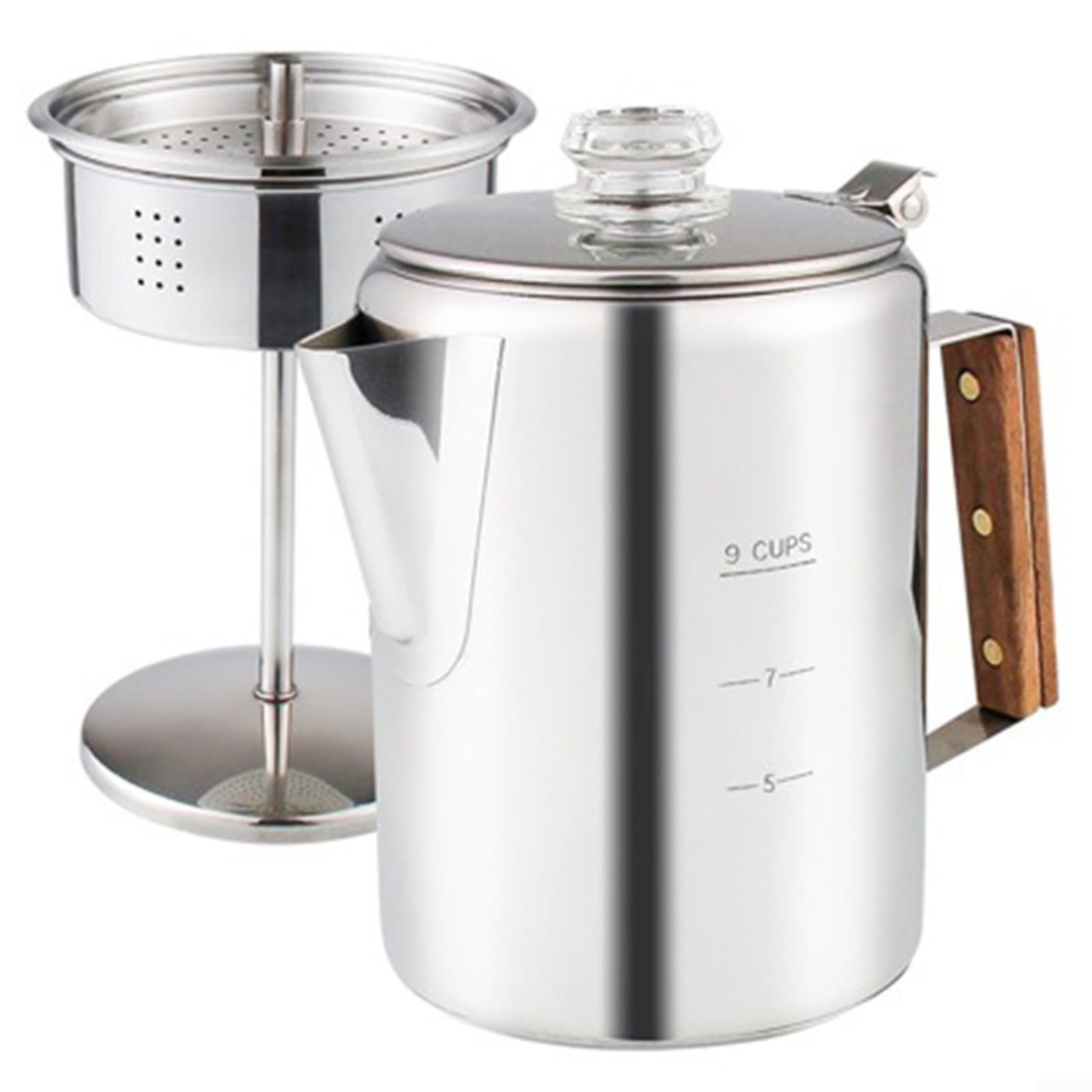 Percolador de café de acero inoxidable de 9 tazas con mango de madera para estufa de camping uso al aire libre en parrilla de inducción fuego