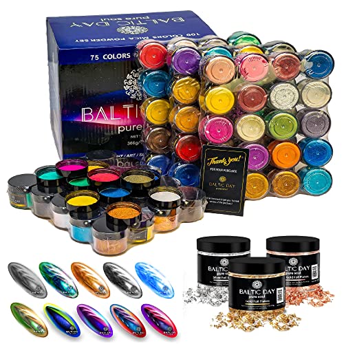 Mica Powder Set - 75 Color Jars of Metallic Micas and Chameleon Powders - Dye for UV & Epoxy Resin Supplies, Pigments for Soap Making, Paint, Bath Bombs, Candle, Slime, Cosmetics, Nails, Polymer Clay