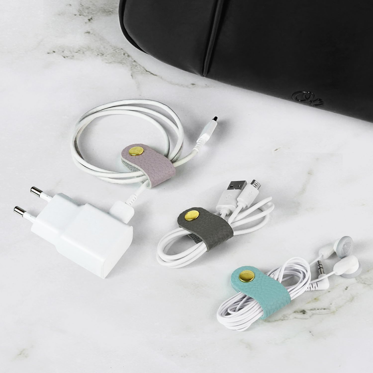 Carrotez Leather Cord Organizer, Cable Organizer for Travel, Cord Keeper, Cable Ties, Cable Straps, Cord Wraps for Charging Cords - 3 pcs (Lavender/Mint/Charcoal)