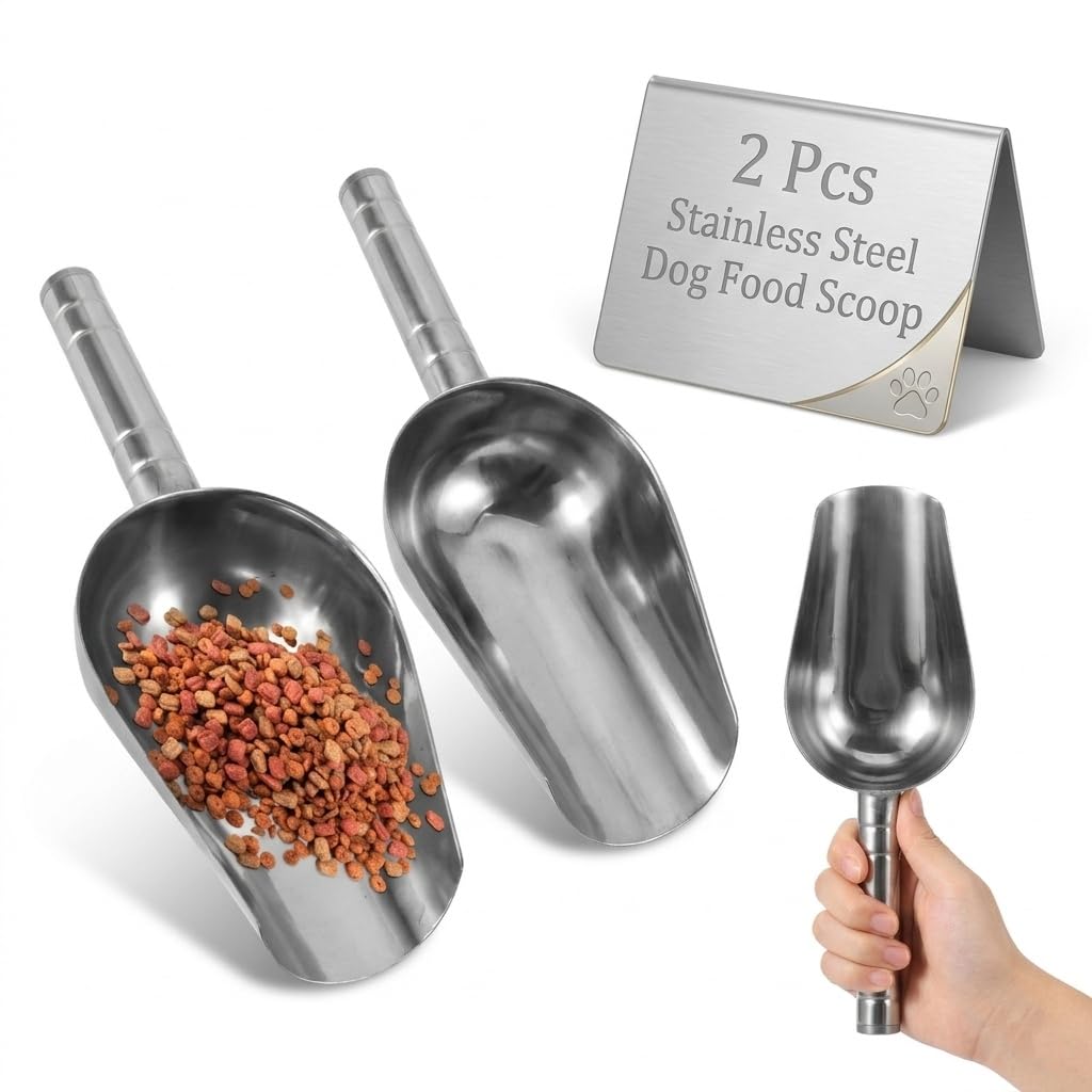 POPETPOP 2-pack Stainless Steel Pet Food Scoop 1-Cup Dog Food Scoop for Dry Kibble Nuts Flour Beans Candy Thin Round Edge Shovel 9.05 X 3.34 X 3.54 in