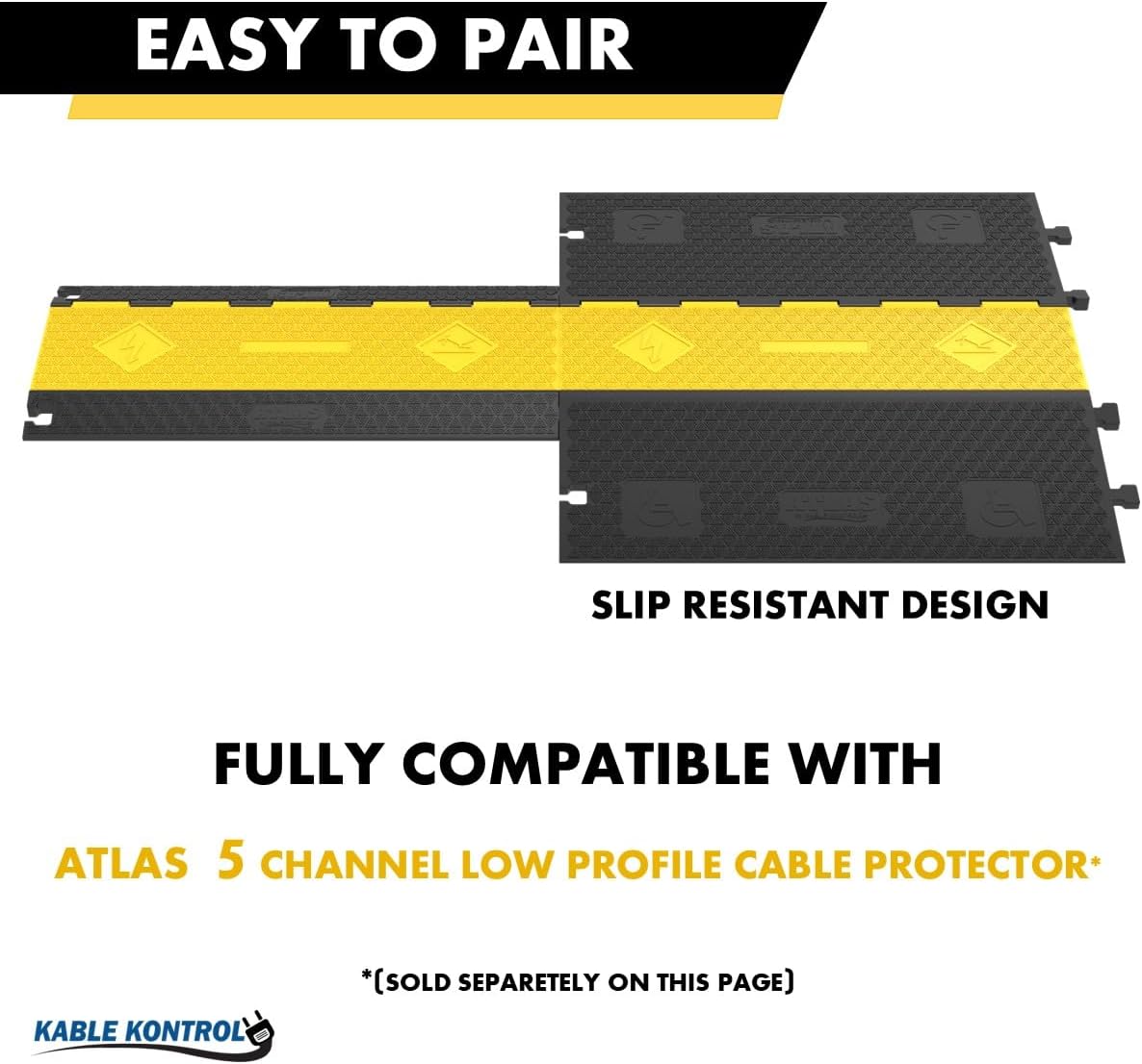 Kable Kontrol Atlas ADA Compliant Cable Protector Ramp Heavy Duty - 5 Channel Low Profile - 30 Pcs Bulk Pack - 36” Long Black & Yellow – 33,040 Lbs Per Axle Capacity - Speed Bump Wire Protector Cord