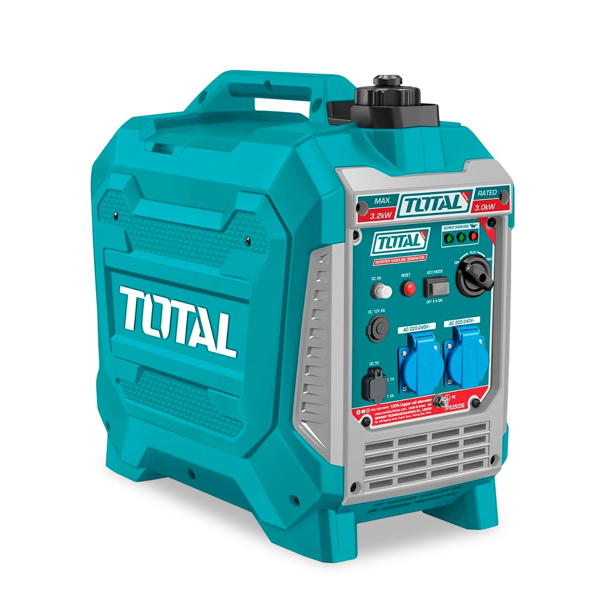 TOTAL - Generador Eléctrico a Gasolina - Insonorizado Inverter 3.3kW - Salidas USB y Toma 250V - Bajo Nivel Sonoro 64dB - Portátil 25kg, Verde, 55l x 55an cm, Plástico